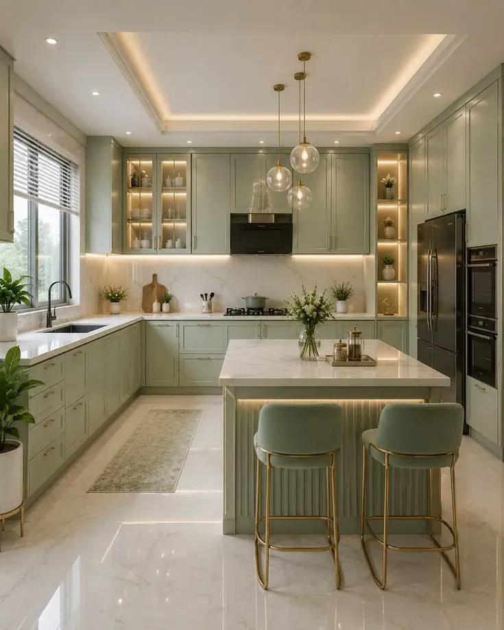 Design concept: sage-green shaker kitchen with a marble island, lit glass cabinets and brass pendant lights