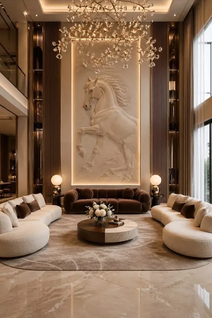 Design concept: double-height living room with a cream horse relief panel between fluted columns and curved sofas