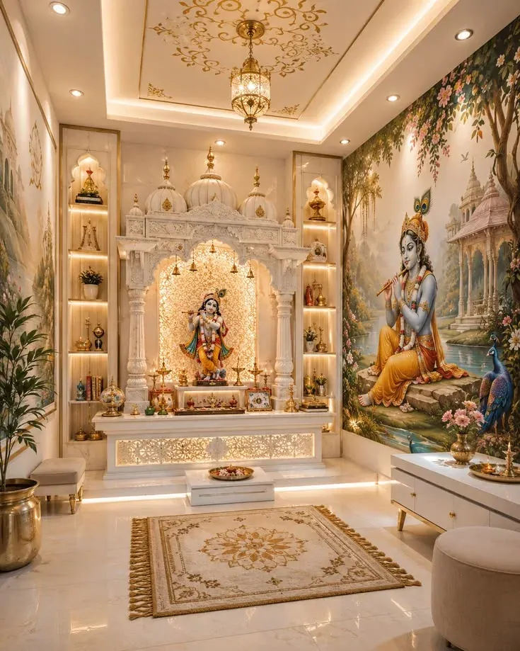 Design concept: white carved mandir with lit jaali backing and display niches beside a painted Krishna mural wall